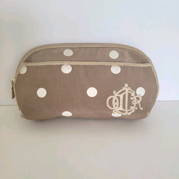 Christian Dior Vintage Beige Whit Cosmetic Bag Make Up Zip Pouch Polka Dot Small - Picture 1 of 12